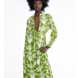 Zara Lilou Green White Floral Print Midi Shirt Dress XXL Blogger Fav Belt Spring